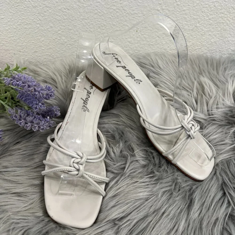 Free People‎ Petra Leather Knot Block Heel Slide Gray-White Sandals Size 9-9.5